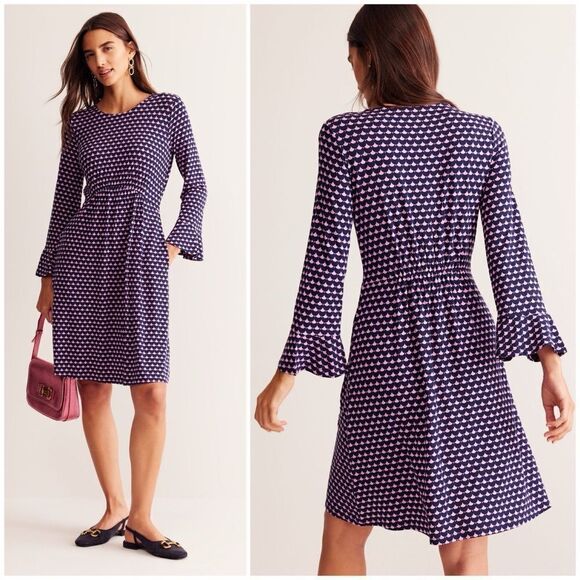 Boden Flute Long Sleeve A-Line Jersey Dress in Sherbert, Crescent Stamp Size 4L - Picture 1 of 13